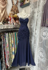 Vintage Mermaid Sweetheart Navy Blue Lace Long Evening Gowns Formal Birthday Party Prom Dresses N1732