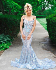 Modest Ruffled Pleated Party Gowns Sleeveless Floor-Length Strapless Light Sky Blue Black Girls Mermaid Prom Dress AB1696