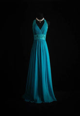 Vintage A line Halter Blue Chiffon Sleeveless Summer Formal For Women Girls Teens Prom Dresses N2245