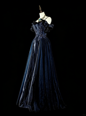 Vintage A line Spaghetti Straps Navy Blue Tulle 80s Evening Gowns Formal Birthday Dress Long Prom Dresses N1754