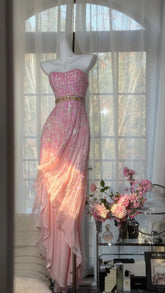 Sparkly Prom Dresses Mermaid Strapless Pink Chiffon High Low With Beaded Evening Outfits N3534