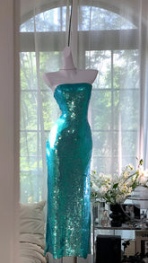 Charming Prom Dresses Mermaid Strapless Blue Sequin Ankle Length Evening Outfits N3564