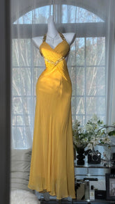 Modest Prom Dresses Mermaid Halter Yellow Backless Chiffon With Beading Long Evening Outfits N3550