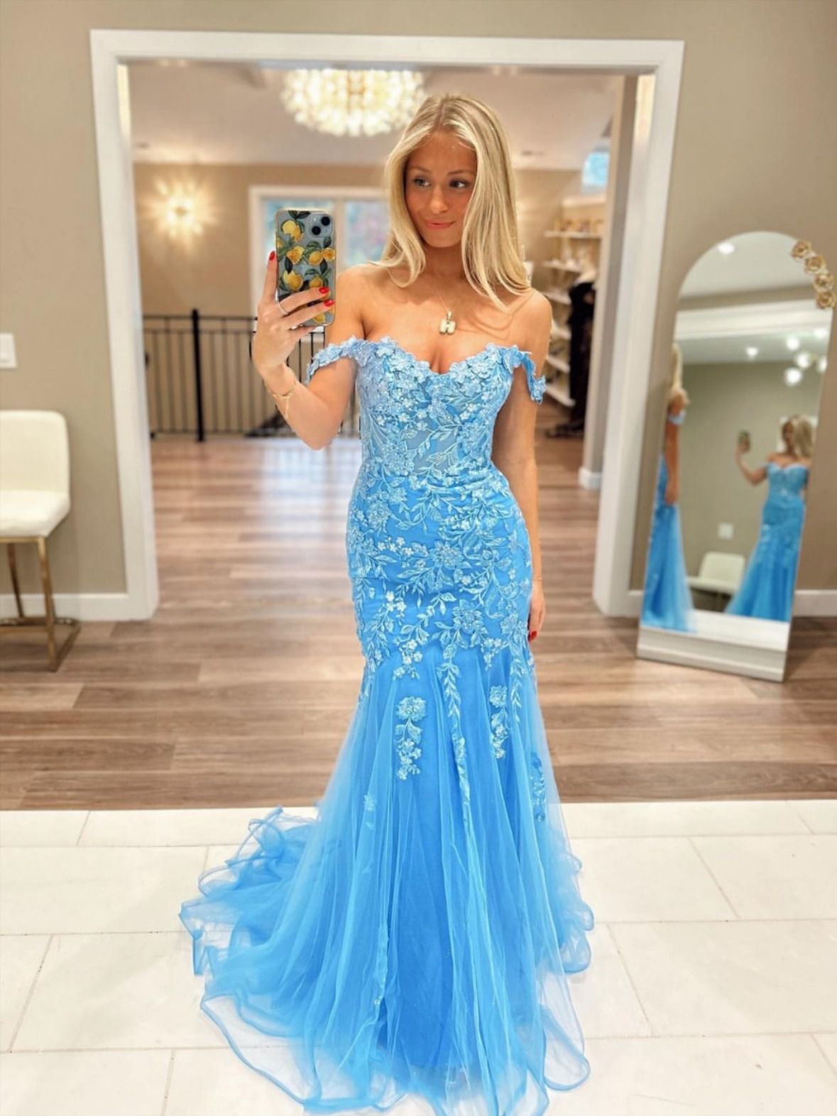 Modest Blue Off the Shoulder Tulle Mermaid Prom Dresses with Appliques AB1703