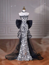 Black Glitter Sequins Tulle Mermaid Prom Dress Strapless Evening Dress With Bow For Teenagers High Schools AB1932