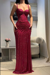 Glitter Bodycon Prom Dress with Sweetheart Neck Spaghetti Straps Ruched Side Slit For Teens High Schools AB1989