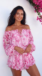 Romanella Peony Floral Off-Shoulder Mini Dress - Pink