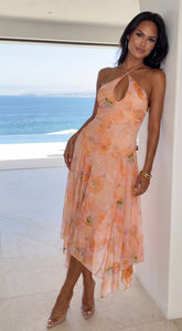 Esperalia Floral Halter Asymmetric Midi Dress - Orange Multi