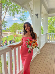 Simple Mermaid Off The Shoulder Pink Satin Sleeveless Formal For Women Girls Teens Prom Dresses N2288