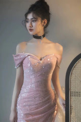Elegant Mermaid Off The Shoulder Pink With Short Sleeves Formal Dress Sequin Birthday Prom Dresses N2816
