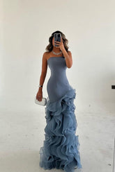 Modest Ruffled Chiffon Pleated Party Gowns Sleeveless Floor-Length Mermaid Prom Dress AB1694