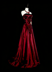 Vintage Prom Aesthetic Dresses A line Strapless Burgundy Satin With Beading Long Formal Dress N3065
