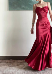 Romantic Mermaid Spaghetti Strap Burgundy Satin With Pleated Formal Dress Long Prom Dresses N2821