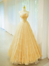 Beautiful Prom Dresses Ball Gown Spaghetti Strap Yellow Tulle With Beading Long Formal Gown N2932