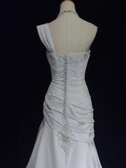 Modest Prom Dresses Mermaid One Shoulder Light Sky Blue Satin With Lace Long Formal Dance Dress N3000