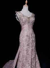 Vintage Prom Dresses 1960s Mermaid V Neck Pink Lace With Appliqued Beaded Long Prom Gown N3107