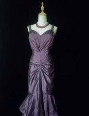 Vintage Prom Dresses 90s Mermaid Sweetheart Purple Taffeta With Beading Ruffle Long Semi Formal Evening Dress N3670