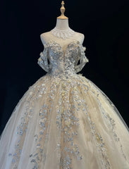 Glamour Prom Dresses Ball Gown Off The Shoulder Champagne With Flowers Formal Evening Outfits N3799