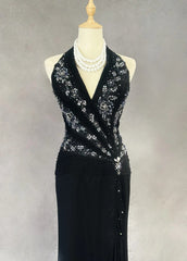Modest Prom Dresses Mermaid Halter Black Tie Chiffon With Beading Formal Evening Dress N3858