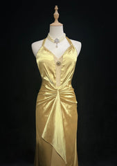 Vintage High Low 2000s A line Halter Gold With Pleated Formal Dress Long Prom Dresses N2585