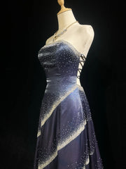 Beautiful Prom Dresses A line Strapless Navy Blue With Beaded Backless Long Formal Evening Outfits N3675