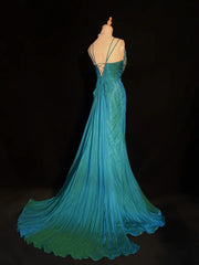 Modest Prom Dresses Mermaid V Neck Blue Chiffon Corset Back Floor Length Formal Evening Outfits N3483