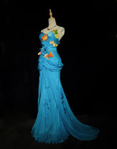 Modest Prom Dresses Mermaid Spaghetti Strap Blue Chiffon Sleeveless With Leaf Formal Evening Dress N3841