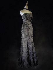 Vintage Prom Dresses 90s Mermaid Spaghetti Strap Black Tie With Layers Tiered Long Semi Formal Evening Dress N3665
