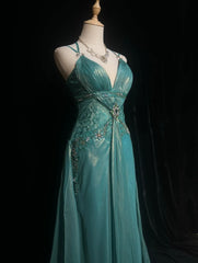 Elegant A Line Spaghetti Strap Blue Chiffon With Beaded Bodice Formal Dress Long Prom Dresses N2724