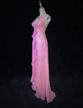 Modest Prom Dresses Inspo Mermaid V Neck Pink Chiffon With Ruffled Beading For Women Formal Dress N3231