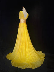 Modest Prom Dresses Mermaid V Neck Yellow Chiffon With Beading Gold Lace Long Formal Evening Dress N3867