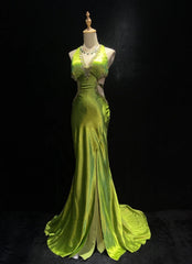 Modest Prom Dresses Mermaid Halter Green Backless Satin Sleeveless Long Formal Evening Outfits N3634