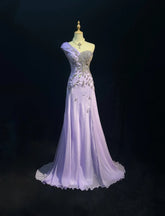 Elegant A Line One Shoulder Lilac Chiffon With Silver Beaded Bodice Formal Dress Long Prom Dresses N2725