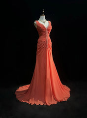 Vintage Prom Dresses 2000s Mermaid V Neck Orange Chiffon With Ruffled Beading Long Prom Gown N3093