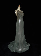 Charming Prom Dresses Mermaid Scoop Grey Gray With Beaded Long Formal Evening Outfits N3689