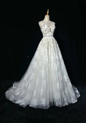 Modest Prom Dresses A line V Neck White Tulle Lace Sleeveless Long Formal Evening Outfits N3618