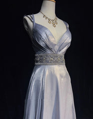 Modest Prom Dresses A line Spaghetti Strap Grey Satin Long Formal Evening Outfits N3617