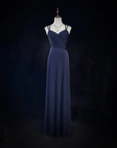 Vintage Prom Dresses 1980s A Line Spaghetti Strap Satin Navy Blue Long With Beading Evening Outfits N3133