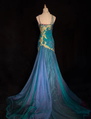 Modest Prom Dresses Mermaid Spaghetti Strap Blue Tulle Sleeveless Long Formal Evening Outfits N3632