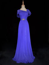 Modest Prom Dresses A line Spaghetti Strap Royal Blue Chiffon Sleeveless Formal Evening Dress N3844