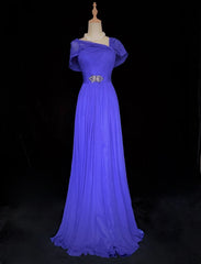 Modest Prom Dresses A line Spaghetti Strap Royal Blue Chiffon Sleeveless Formal Evening Dress N3844