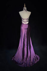 Vintage Prom Dresses 90s Mermaid Halter Grape Backless With Beading Long Semi Formal Evening Dress N3667