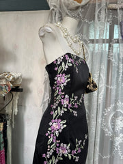 Classy Prom Dresses Sheath Strapless Black With Applique Satin Long Formal Evening Outfits N3732