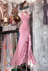 Elegant Prom Dresses Mermaid Halter Pink Sequin Sleeveless Formal Evening Outfits N3784