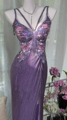 Elegant Prom Dresses Mermaid Spaghetti Strap Purple Sequin Slit Floor Length Formal Evening Outfits N3532