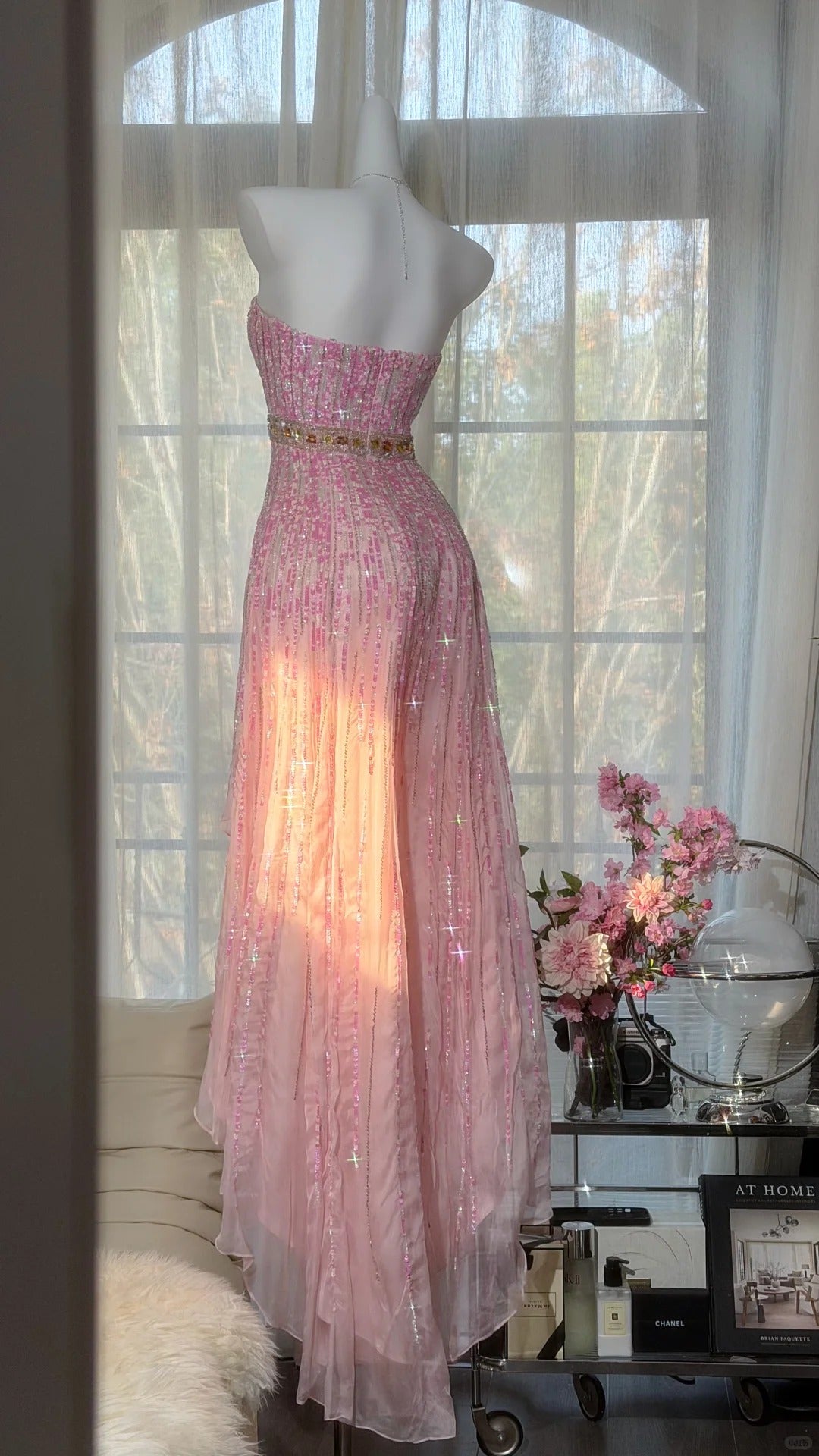Sparkly Prom Dresses Mermaid Strapless Pink Chiffon High Low With Beaded Evening Outfits N3534