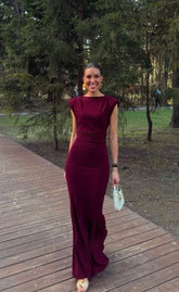 Elegant Mermaid Scoop Neck Burgundy With Sleeves Long Formal Fancy Evening Dress Dinner Outfits Classy Party Gowns AB2026