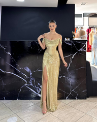 Modest Senior Prom Dresses High Schools Inspiration Mermaid Off The Shoulder Sequin Gold With Slit Semi Formal Grad Long Prom Dress For Teens AB2118