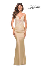 La Femme Long Jersey Prom Dress with Beaded Lace