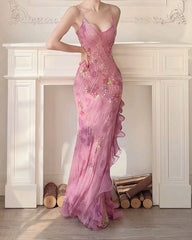 Vintage Mermaid 90s Spaghetti Strap Pink With Beading Formal Dress Long Prom Dresses N2782